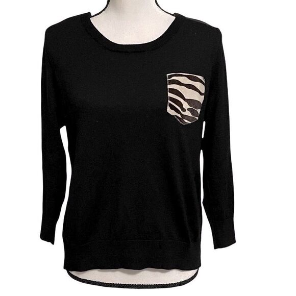 The Kooples Black Merino Wool Sweater with Lambskin Zebra Print Pocket. Size S - Picture 2 of 10